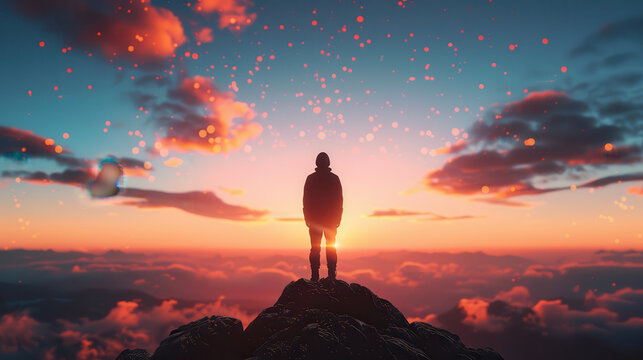 A man stands on a mountain top at sunset