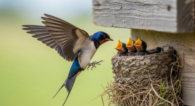 A barn swallow hovering near its mud nest under a rustic wooden eave. AI generated.
