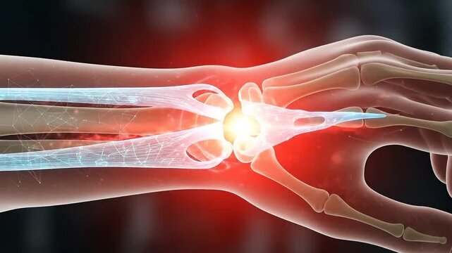 Visual depiction of pain and healing process in human hand joints with highlighting of nerves and inflammation