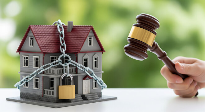 Real estate auction gavel and locked house model symbolizing foreclosure and property seizure
