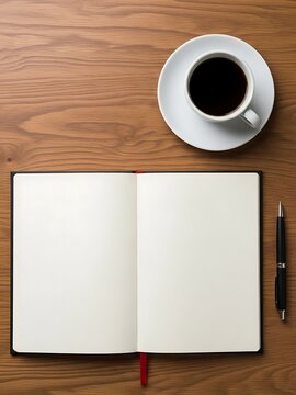 Open Notebook Pen and Coffee on Wooden Table Setup