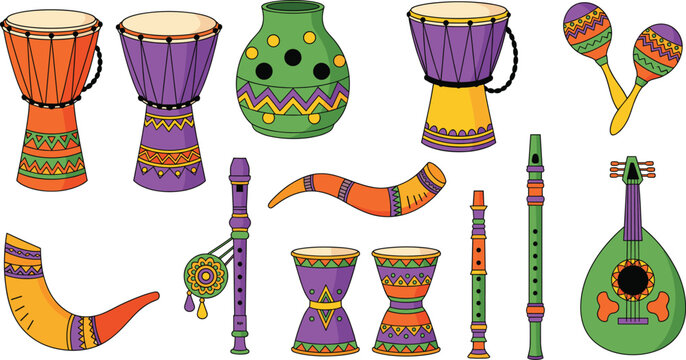 Hand drawn vector illustration set of ethnic musical instruments including djembe drums maracas flute horn and lute with colorful tribal patterns and ornaments.