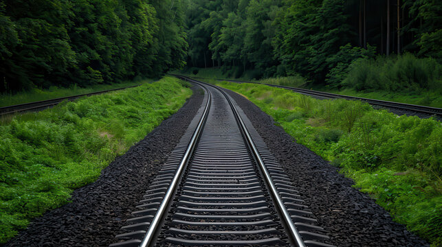 A train track with a train in the distance