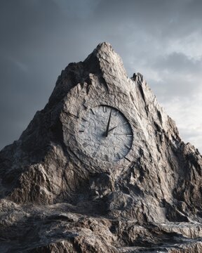 Front view of a rugged mountain peak with a large clock icon carved