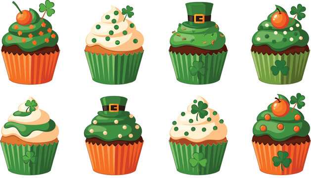 Flat vector illustration set of delicious Saint Patrick Day cupcakes with green frosting shamrock leaves gold coins and leprechaun hats for holiday celebration.