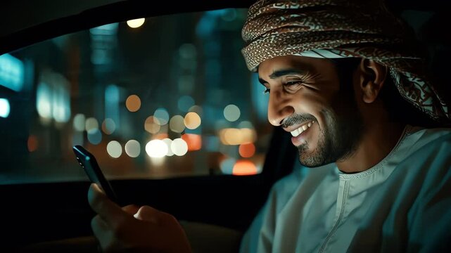 Emirati Man Smiling Using Phone At Night In City Car