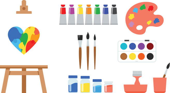 Flat vector illustration set of artist painting tools including colorful paint tubes brushes palette watercolor box easel heart shape and art studio supplies.