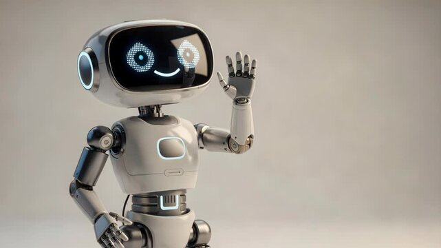 Futuristic friendly robot waving. Smiling robot with display face. Artificial intelligence, machine learning, future technology, innovation, robotics concept. Neutral background, studio shot
