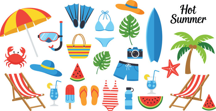 Flat vector illustration set of hot summer beach elements including surfboard umbrella swimsuit palm tree sunglasses cocktails flip flops and tropical monstera leaves.