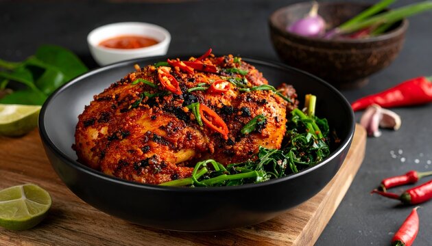 Spicy Grilled Chicken Ayam Taliwang with Plecing Kangkung Vegetable