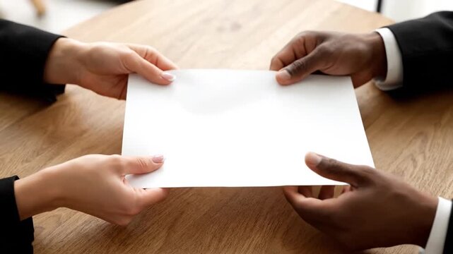 The video shows a continuous, close-up exchange of a blank white document across a wooden desk between a Black businessman and a woman, suggesting a repetitive cycle of agreement, document handling, 