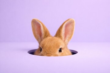Obraz premium Curious easter bunny peeking from hole on lilac background, easter concept