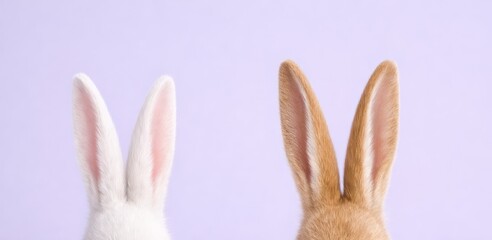 easter Bunny ears on lilac background, easter banner