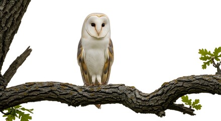Elegant barn owl perched on a textured tree branch against white background