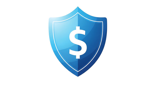 Blue shield with dollar sign symbol isolated on white background