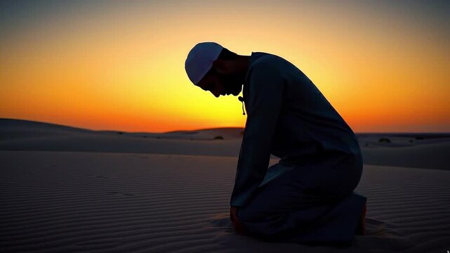A silhouetted individual wearing a skullcap kneels on rippled sand dunes at sunset