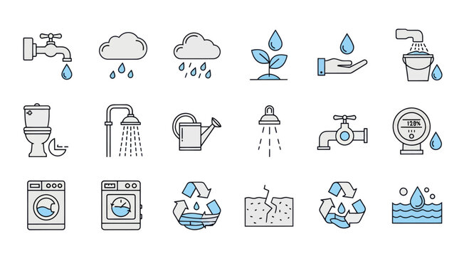 Water Conservation Icons: Tap, Rain, Plant, Hand, Bucket, Toilet, Shower, Watering Can