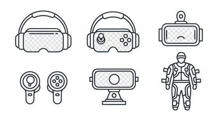 Virtual Reality Technology Icons Set: VR Headset, Controllers, Suit © fgtrian