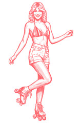 A retro style vector illustration of a happy young woman on roller skates. A classic 70s/80s character symbolizing summer fun and an active lifestyle.