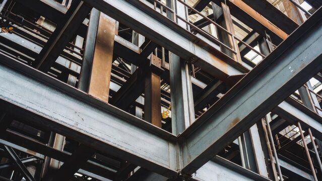 Abstract view of industrial steel framework with rust details.