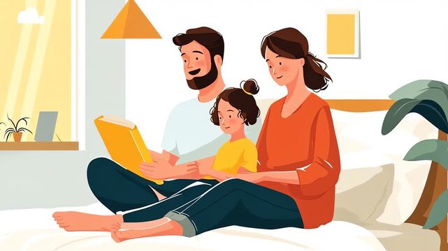 Family Reading Book Together In Bed Vector Illustration
