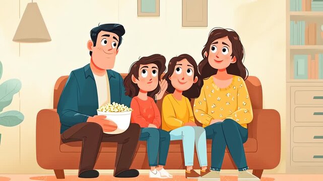 Family Sitting Together Watching Movie Eating Popcorn Home Illustration