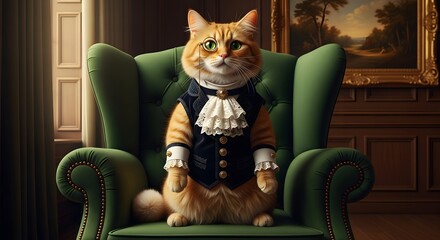 Elegant cat in formal attire sitting in a classic armchair portrait