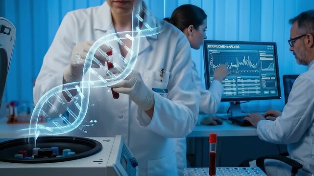 Scientists in a lab work with a glowing DNA model and computer data