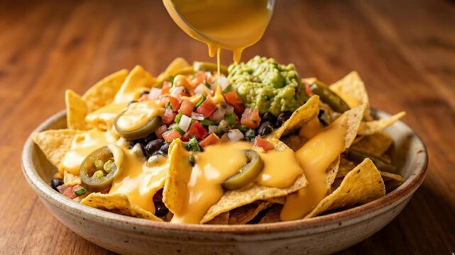 Warm cheese sauce being poured over a bowl of loaded tortilla chips with toppings