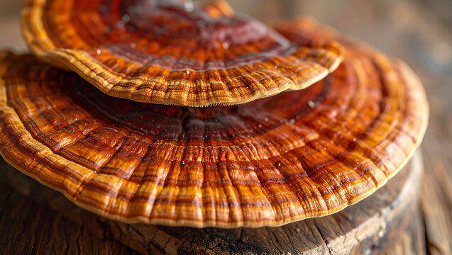 Red Reishi Mushroom on Wooden Background