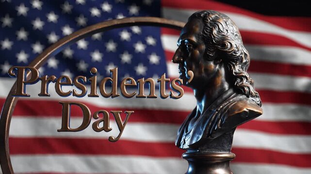 Patriotic presidents' day celebration featuring a bronze bust and motion text animation against the american flag.