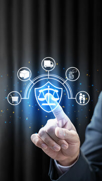 A professional in a suit interacts with a glowing digital interface featuring symbols for justice, shipping, shopping, and family, representing consumer rights protection and business ethics