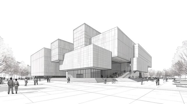 An architectural rendering of a modern museum with geometric shapes and a plaza