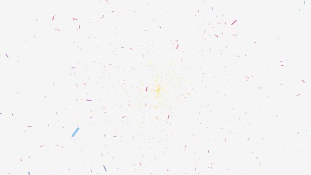 Numerous colorful particles resembling confetti scattered in a loose radial pattern over a bright background creating a festive abstract and dynamic visual effect