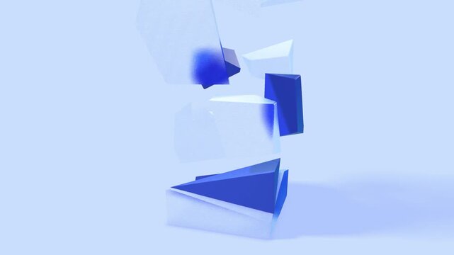 Blue and white angular 3D crystal shapes interlocked in a sculptural abstract formation on a smooth pastel background with dynamic shadows and clean lines