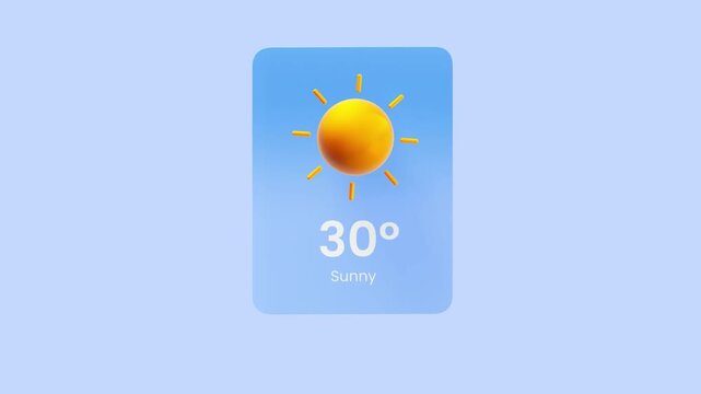 Minimalist weather card design featuring a bright yellow sun and temperature display of 30 degrees rendered in a 3D style on a soft blue background