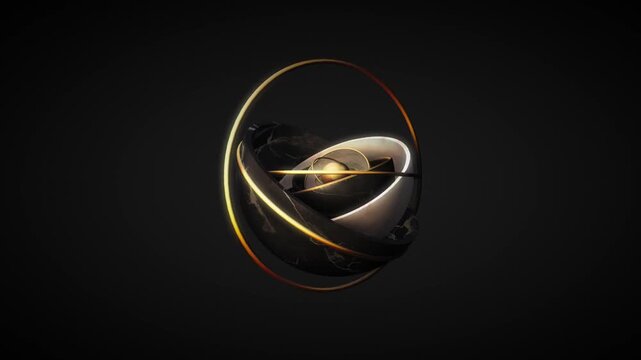 Futuristic abstract object featuring a central golden sphere surrounded by marble and metal rings in orbit on a black background with elegant lighting and shadows