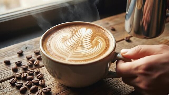 A persons hands hold a steaming cup of latte with rosetta art on a rustic wooden table with coffee beans and a milk pitcher