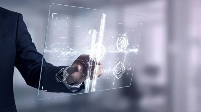 Businessman interacting with transparent virtual screen. Man using futuristic display with digital interface for data analysis and innovation.
