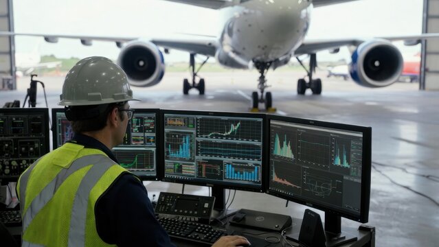 Male technician monitoring aircraft performance data in hangar.
