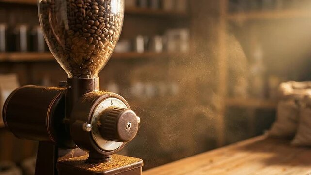 A coffee grinder with a hopper full of beans dispenses a cloud of fresh grounds