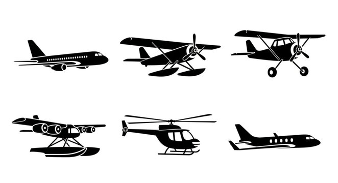 Collection of various aircraft silhouettes including airplanes and helicopter.