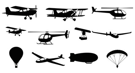 Collection of various aircraft silhouettes isolated on white background. © Sosi