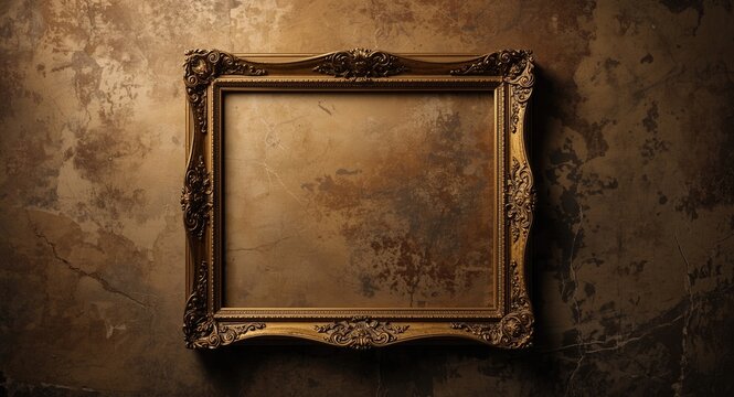 Historic gold picture frame with old fashioned style on aged background