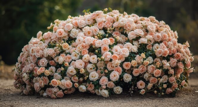 Garden rose bush covered with soft pink Rosa x centifolia flowers