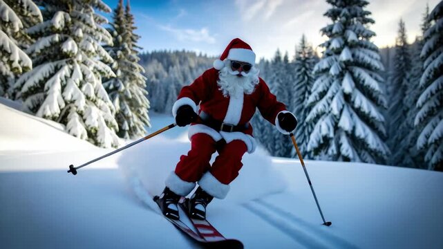 Santa Claus skiing down a snowy mountain slope through pine trees