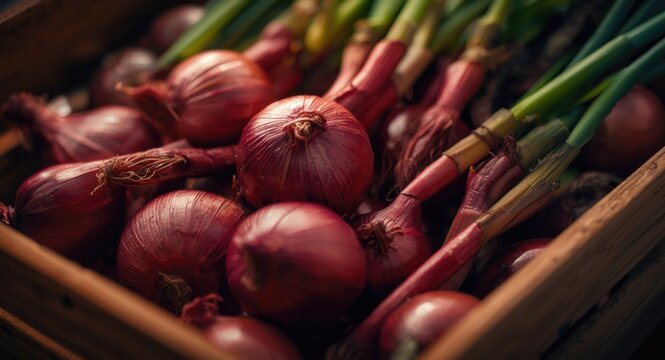 Close up of fresh red onions and spring onions in a wooden crate
