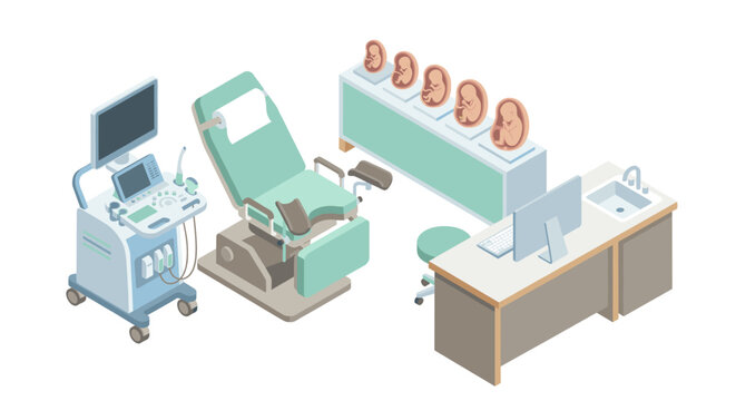 Isometric Gynecology Clinic Interior with Ultrasound Machine and Embryo Development Stages