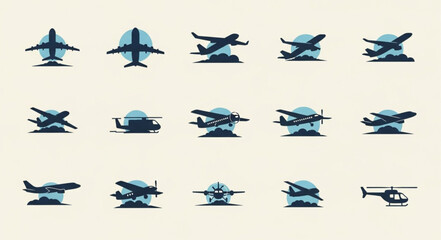 Collection of various airplane and helicopter icons. © Sosi