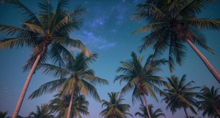 Obraz premium Coconut palms against a tropical star studded sky with an open copy space